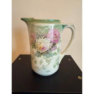 Antique Porcelain Pitcher Hand Painted Florals Pastel Green Pink